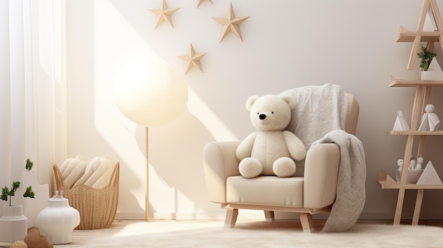 una pequeña silla de bebé de pie en una habitación blanca prístina con estrellas que adornan las paredes de la escena