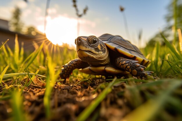 Pequena tartaruga com sol ao ar livre