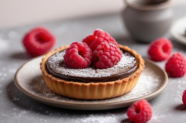 Foto pequena tarte de chocolate coberta com framboesa