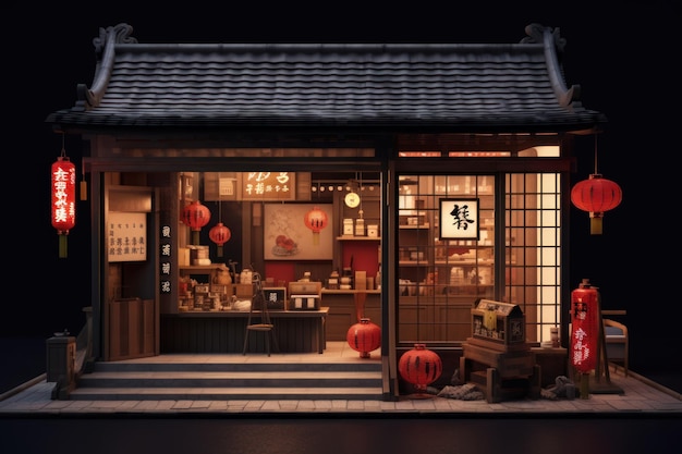 Una pequeña tienda con una linterna china en el techo