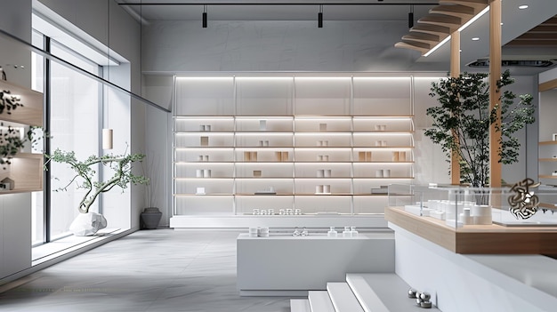 una pequeña tienda minorista adornada con estantes blancos y de madera con iluminación dinámica contra el telón de fondo del terreno del norte de China