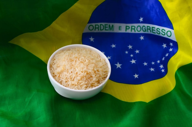 Pequena tigela branca de arroz em cima da bandeira brasileira, com ordem e progresso escritos no fundo