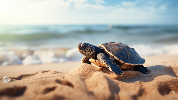 Una pequeña tortuga está sentada en la arena de la playa.