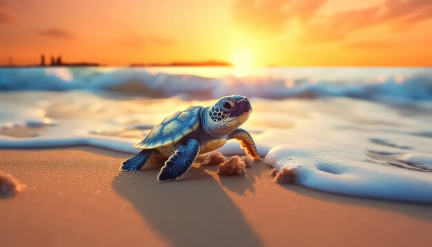 Foto pequeña tortuga en una playa limpia al atardecer protección ambiental y ecológica