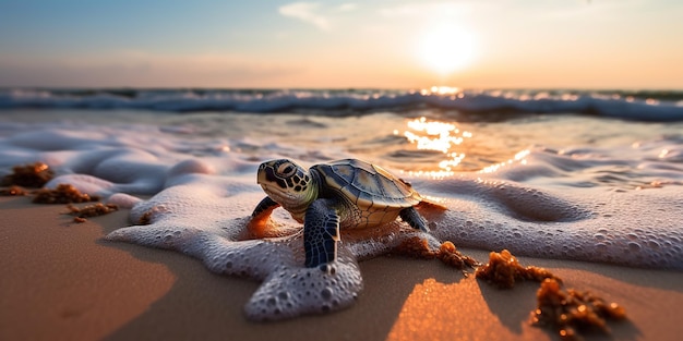 Una pequeña tortuga recién nacida se arrastra hacia el mar.