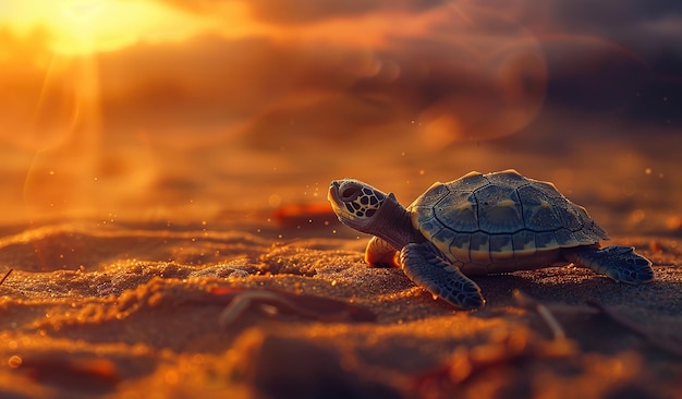 Pequeña tortuga sentada en la playa de arena