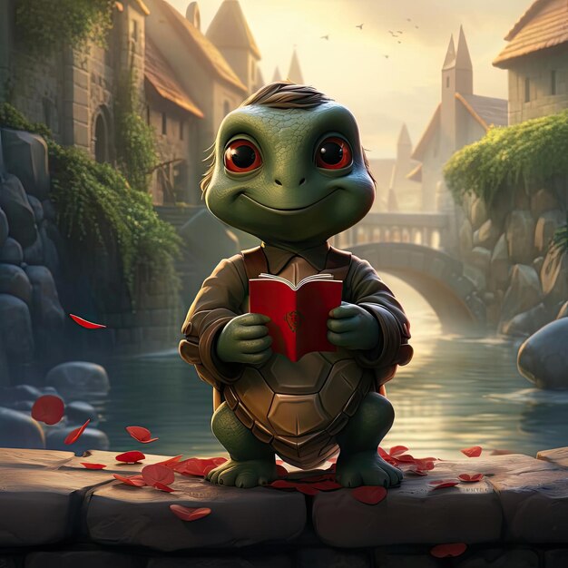 Foto pequeña tortuga sosteniendo un corazón rojo al estilo de raphael lacoste