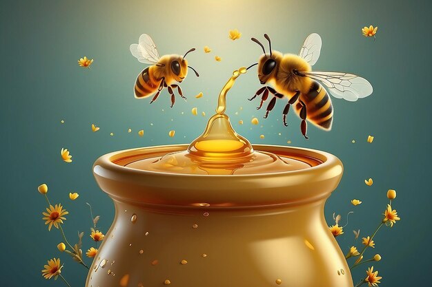 Pequenas abelhas doces voando em torno de uma panela de mel Ilustração 3D Vector