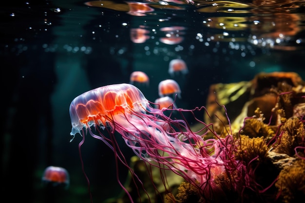 Pequenas águas-vivas nadam logo abaixo da superfície do mar em Raja Ampat, na Indonésia