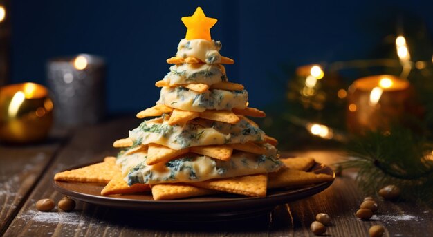 Foto pequenas aperitivos crocantes de queijo de árvore de natal em uma madeira