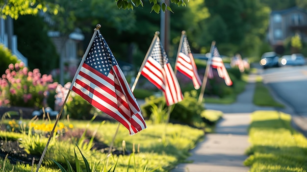 Pequeñas banderas estadounidenses se alinean en una acera suburbana frente a un césped bien cortado