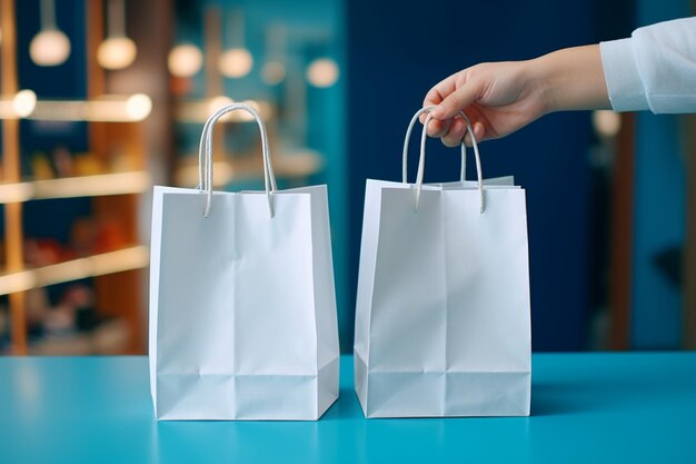 Foto pequeñas bolsas de papel con carrito de compras en un fondo azul para el texto