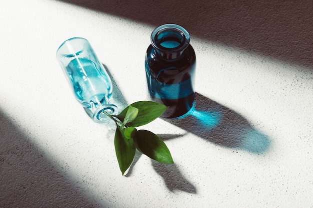 Pequeñas botellas de vidrio azul y planta de ruscus verde sobre fondo de hormigón blanco
