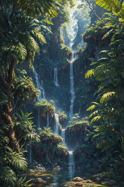 Pequenas cachoeiras na selva com plantas