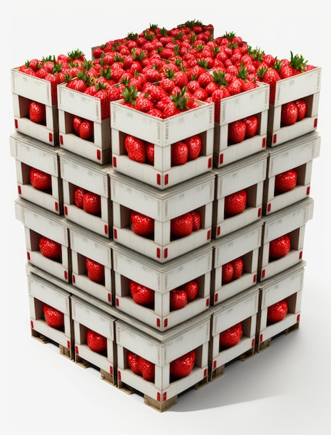 Pequeñas cajas de madera con fresas frescas rojas Cajas con bayas dulces apiladas en un montón aislado sobre fondo blanco IA generativa