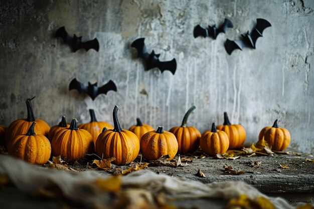 Foto pequeñas calabazas y murciélagos cerca de la pared