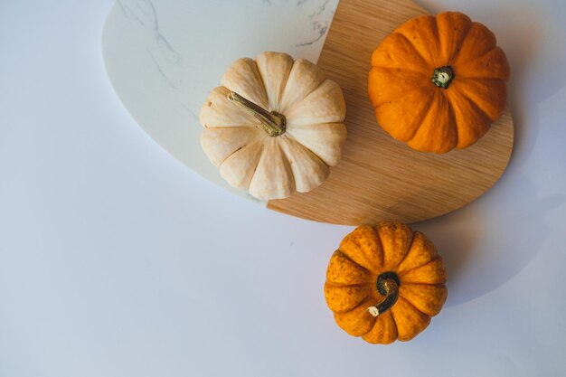 Foto pequeñas calabazas en una tabla de cortar y en un fondo blanco con espacio vacío para texto