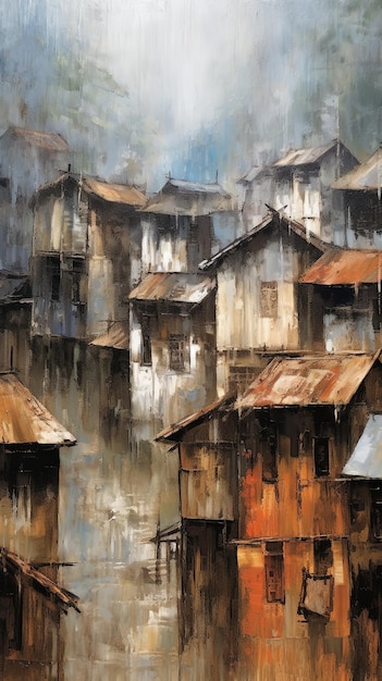 Pequenas casas de madeira em pequenas aldeias de montanha na China na chuva