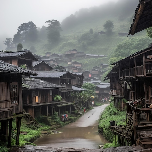 Pequenas casas de madeira em pequenas aldeias de montanha na China na chuva