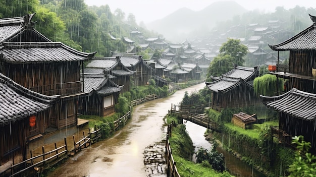 Pequeñas casas de madera en pequeños pueblos de montaña en China bajo la lluvia