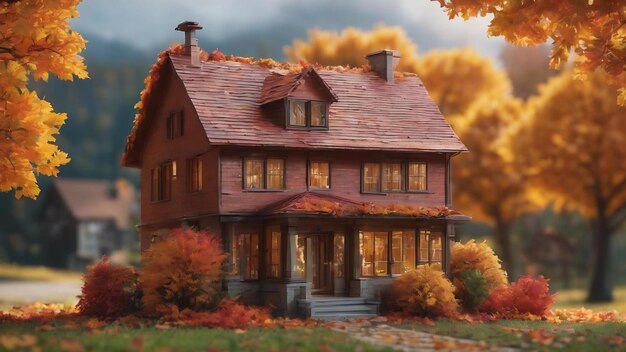 Pequenas casas modelo em um fundo de outono com folhas