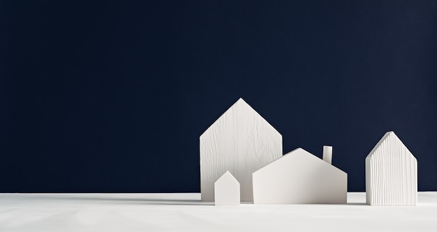 Pequeñas casitas de juguete de madera blanca sobre un fondo negro minimalista diseño decorativo escandinavo