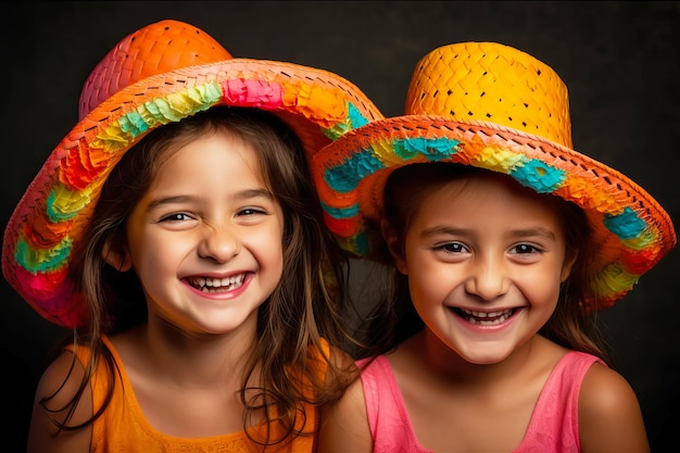 Foto pequeñas chicas latinas mexicanas sonrientes con coloridos sombreros ilustración de ia generativa