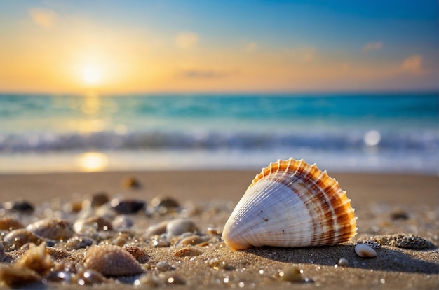 pequenas conchas marinhas na praia com fundo bokeh