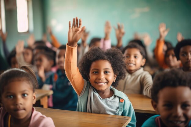 Pequenas crianças afro-americanas felizes e sorrindo levantando as mãos na escola ia generativa