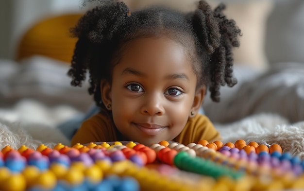 Pequenas crianças negras estão brincando com blocos e brinquedos em uma creche com um grande espaço vazio.