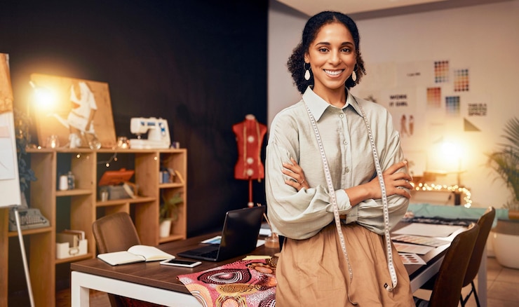 Foto pequenas empresas de comércio eletrônico e designer de moda negra em estúdio doméstico para fabricação de roupas e vendas on-line design de tecido e proprietária de inicialização de mulher bem-sucedida e confiante na mesa de escritório em casa