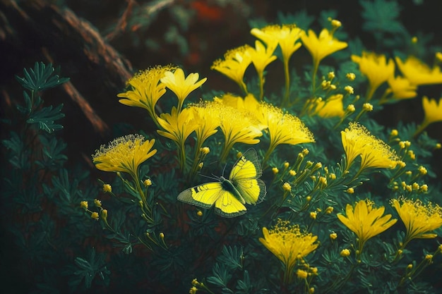 Pequeñas flores amarillas de jardín forestal y mariposas sobre ellas.