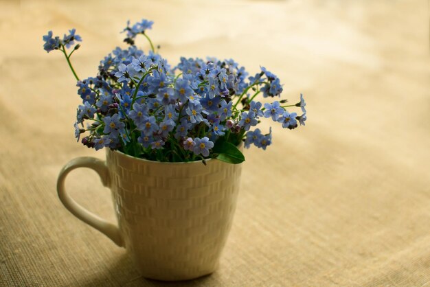 Pequeñas flores azules en una taza blanca sobre la mesa Style Provence