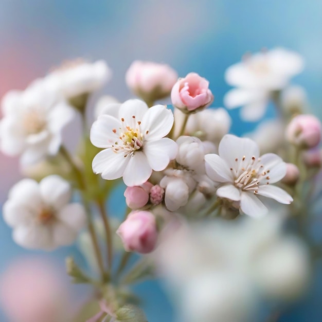 Pequeñas flores blancas en un tonado en un suave fondo azul y rosa al aire libre