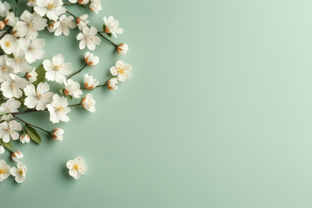 pequenas flores bonitas em fundo verde pastel com espaço de cópia