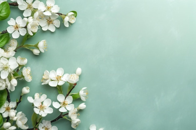 pequenas flores bonitas em fundo verde pastel com espaço de cópia