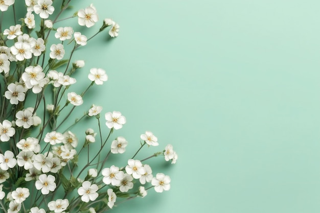 pequenas flores bonitas em fundo verde pastel com espaço de cópia