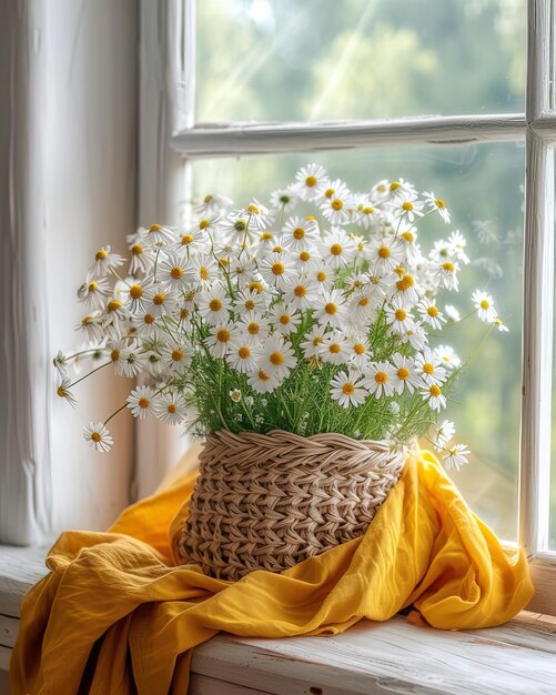 Pequenas flores brancas em uma cesta natural e um pano laranja na mesa perto da janela