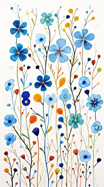 pequenas flores de primavera caprichosas de cor azul estilo folclórico desenhando imagem vertical em um fundo branco