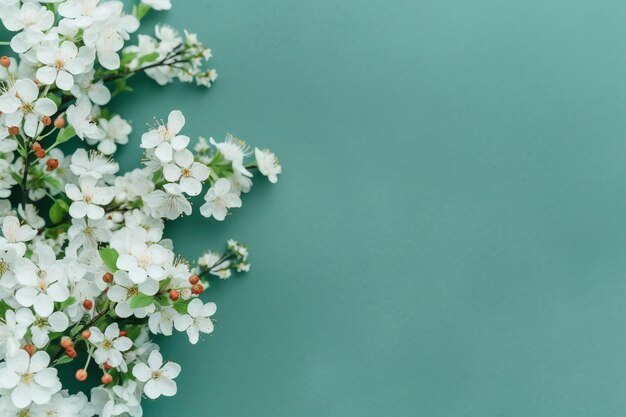 pequeñas flores hermosas en fondo verde pastel con espacio de copia