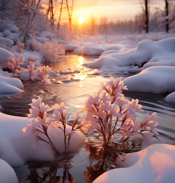 Pequeñas flores que crecen en medio de un arroyo nevado durante la puesta de sol
