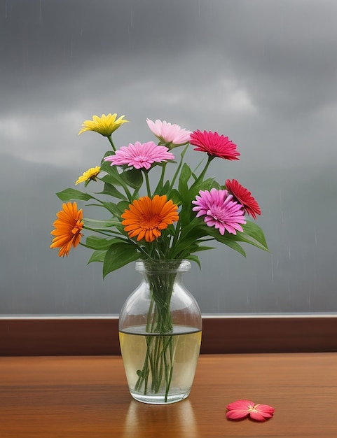 Pequenas flores quentes coloridas flores coloridas vista chuvosa nublada em vaso de flores gerado AI