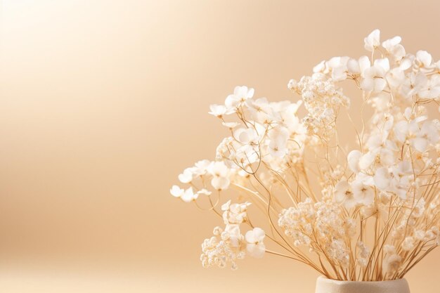 Foto pequeñas flores secas de gipsófila con sombra en un fondo beige de enfoque variable