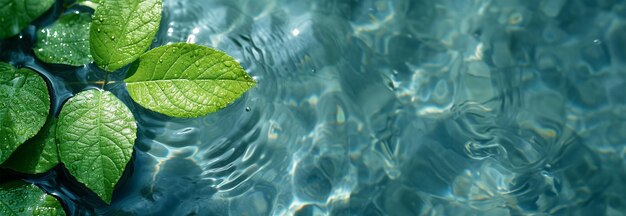 Pequenas folhas de Ficus Benjamin ficam sobre um gel de água tranquila verde-azul transparente e ondulado com