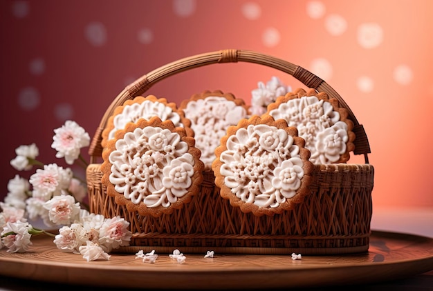 pequeñas galletas de tianmue en una canasta con tres flores blancas en el estilo de patrones intrincados