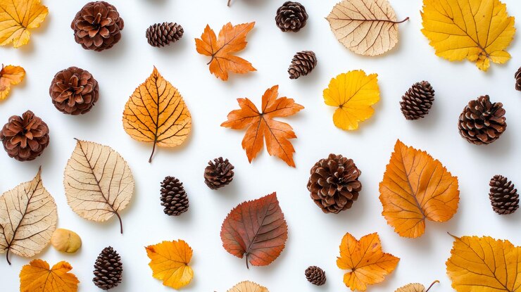 Pequeñas hojas de otoño de canela marrón y caléndula con mini piñas sobre un fondo blanco minimalista