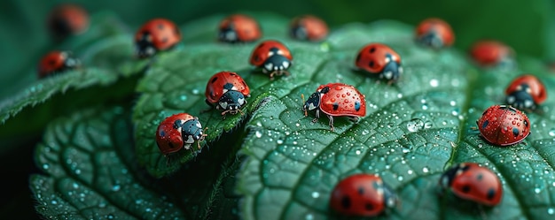 Pequenas mariquinhas rastejando em uma folha Seu fundo vermelho brilhante