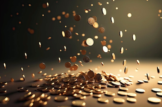 Pequeñas monedas coer dispersas que caen a la superficie de cien
