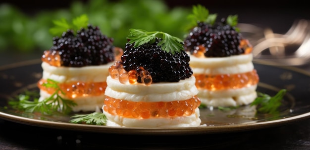 pequenas mordidas com caviar em prato branco