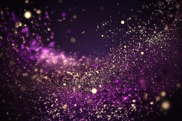 Pequeñas partículas brillantes voladoras y confeti sobre fondo púrpura IA generativa